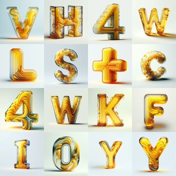 Yellow glass 3D Lettering Typeface. AI generated illustration