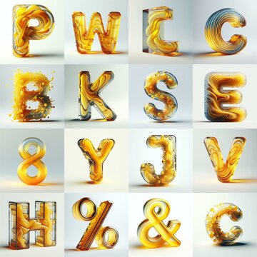 Yellow glass 3D Lettering Typeface. AI generated illustration