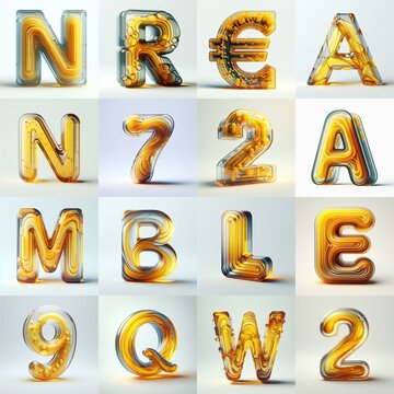 Yellow glass 3D Lettering Typeface. AI generated illustration