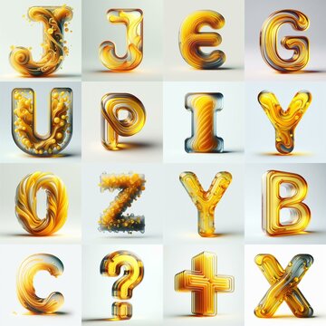 Yellow glass 3D Lettering Typeface. AI generated illustration