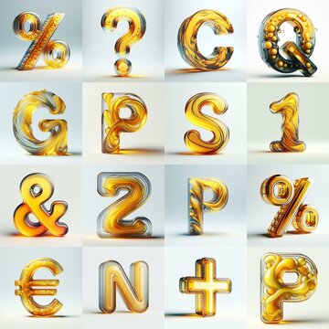 Yellow glass 3D Lettering Typeface. AI generated illustration