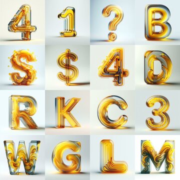 Yellow glass 3D Lettering Typeface. AI generated illustration