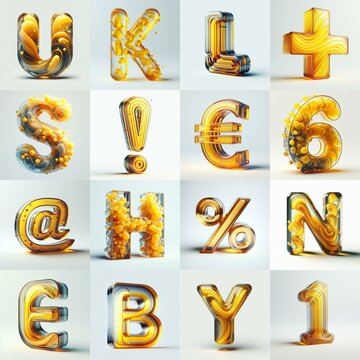 Yellow glass 3D Lettering Typeface. AI generated illustration