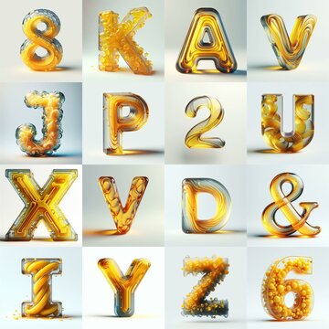 Yellow glass 3D Lettering Typeface. AI generated illustration