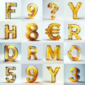 Yellow glass 3D Lettering Typeface. AI generated illustration
