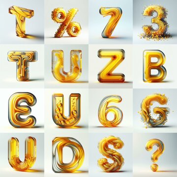 Yellow glass 3D Lettering Typeface. AI generated illustration