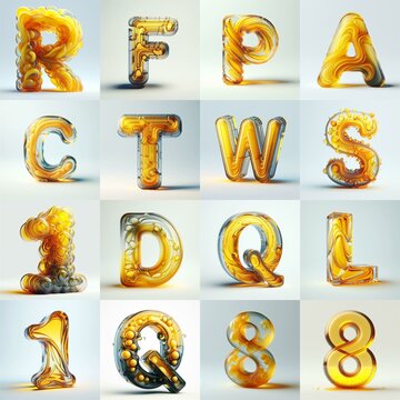 Yellow glass 3D Lettering Typeface. AI generated illustration