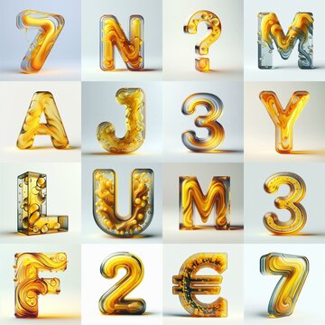 Yellow glass 3D Lettering Typeface. AI generated illustration