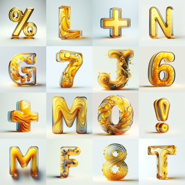 Yellow glass 3D Lettering Typeface. AI generated illustration
