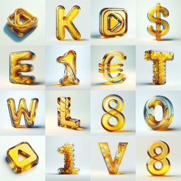 Yellow glass 3D Lettering Typeface. AI generated illustration