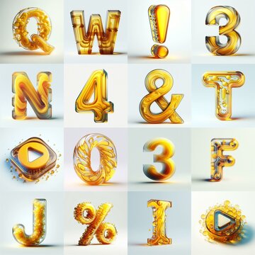 Yellow glass 3D Lettering Typeface. AI generated illustration