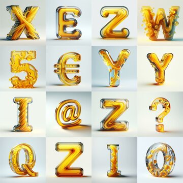 Yellow glass 3D Lettering Typeface. AI generated illustration