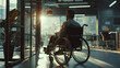 A businessman in a wheelchair gazes out the office window, embodying resolve and ambition.