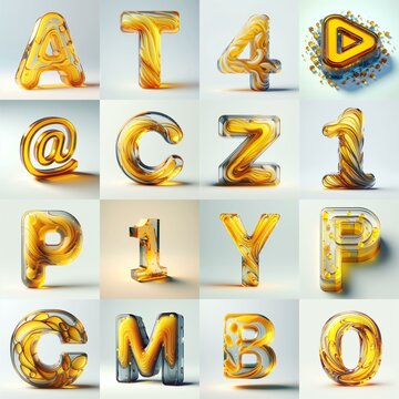 Yellow glass 3D Lettering Typeface. AI generated illustration