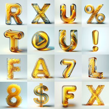 Yellow glass 3D Lettering Typeface. AI generated illustration