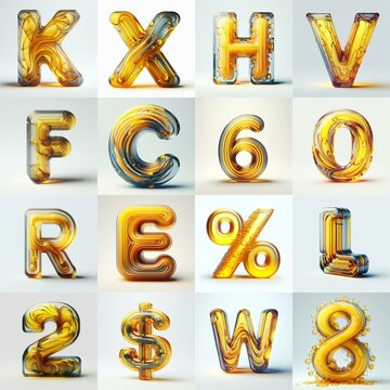 Yellow glass 3D Lettering Typeface. AI generated illustration