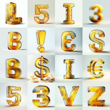 Yellow glass 3D Lettering Typeface. AI generated illustration