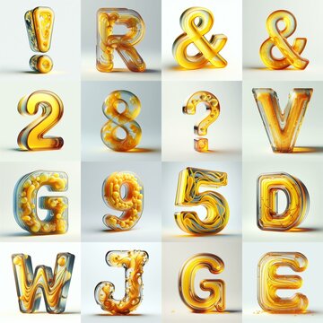 Yellow glass 3D Lettering Typeface. AI generated illustration