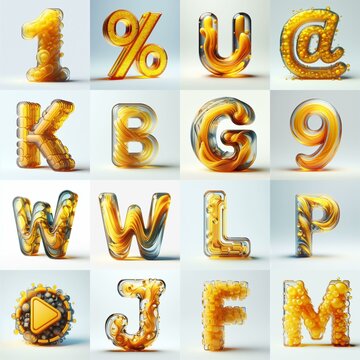 Yellow glass 3D Lettering Typeface. AI generated illustration
