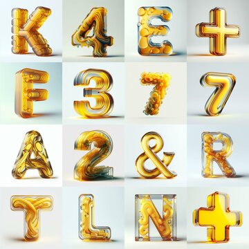 Yellow glass 3D Lettering Typeface. AI generated illustration