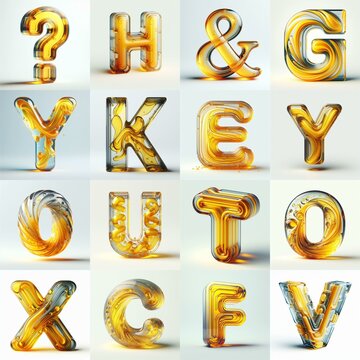 Yellow glass 3D Lettering Typeface. AI generated illustration