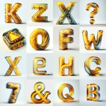 Yellow glass 3D Lettering Typeface. AI generated illustration
