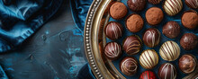Elegant Chocolate Truffles Displayed On A Silver Platter With A Royal Blue Velvet Background Top View Space To Copy.