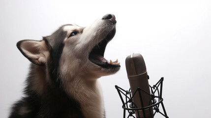 Devoted husky dog singer howling and singing to a microphone isolated on white background, funny animal portrait, singer, creative, karaoke, party and greeting cards.