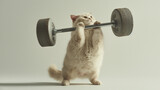 Fototapeta  - Funny and playful chubby overweight cat lifting a bar bell isolated on white background, concept of losing weight, fitness, work out.