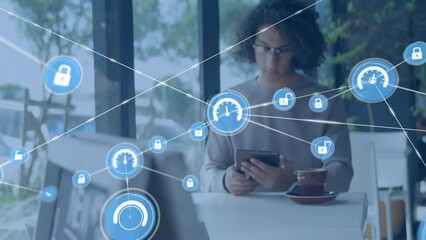 Poster - Animation of network of connections with icons over biracial man using tablet