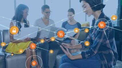 Poster - Animation of network of connections with icons over diverse colleagues discussing work