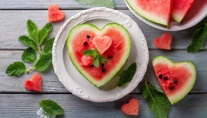 Wall Mural - watermelon slice in shape of heart in white plate, top view