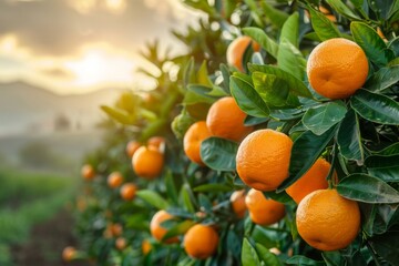 Wall Mural - Golden rays of the setting sun illuminate a citrus orchard, casting a warm light over the ripe, round oranges.