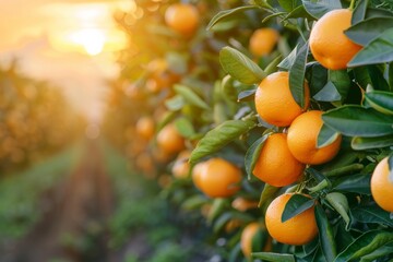 Wall Mural - Golden rays of the setting sun illuminate a citrus orchard, casting a warm light over the ripe, round oranges.