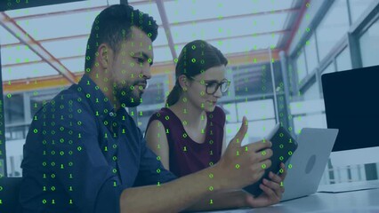 Poster - Animation of binary coding over diverse business people talking in office