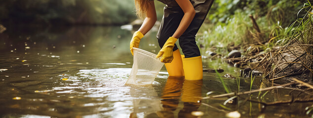 a female scientist takes a water sample to observe aquatic life in river, promoting research and env
