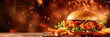 fresh crispy fried chicken burger sandwich with flying ingredients and spices hot ready to serve and eat food commercial advertisement menu banner with copy space area