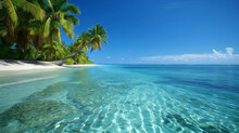 Background A Peaceful Beach With Crystal Clear Water And Swaying Palm Trees.