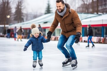 Happy little child takes his first steps skating at the rink with the support of his beloved dad.