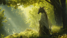 A Mythical Centaur In A Flowing Tunic And A Sleek Horse Head Mask Representing The Fusion Of Human And Animal. In The Background A Lush Green Forest With Sunbeams Shining