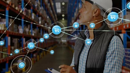 Poster - animation of network of connections with icons over caucasian male worker in warehouse