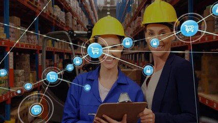 Poster - Animation of network of connections with icons over caucasian female workers in warehouse