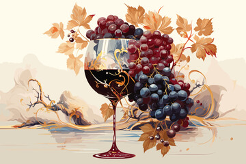 Drawing of a glass with wine and a bunch of grapes with leaves. For your design