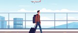 Fototapeta Sport - Young man with suitcase at airport terminal flat 2d illustration. Cartoon male character with baggage standing on platform. Traveling and tourism concept