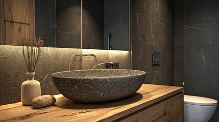 Wall Mural - Modern round gray stone sink and wooden vanity shelf in bathroom, close-up, minimalist style. Interior design