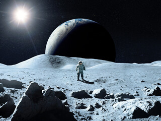 Wall Mural - moon surface with cosmonaut in the background of earth. elements of this image furnished by nasa.