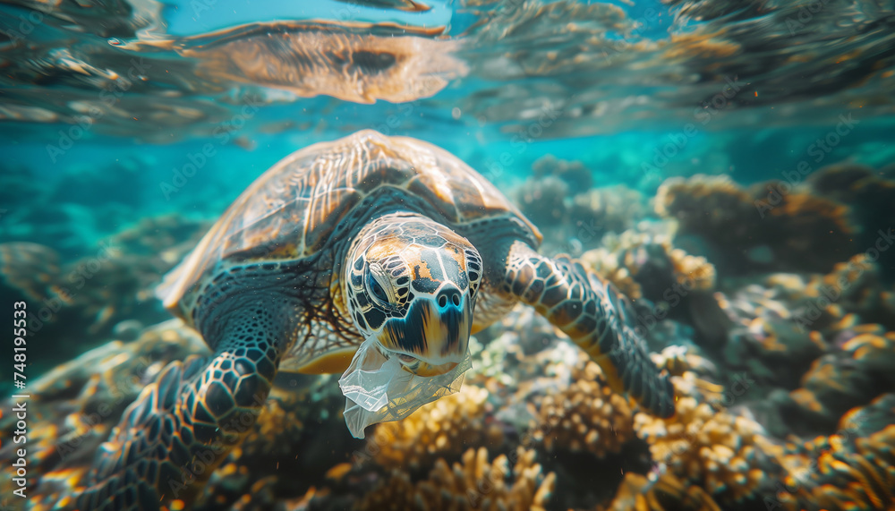 Lonely sea turtle swimming with plastic bag waste in warm tropical sea ...