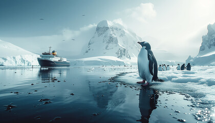 penguins floating on small ice floe with research vessel moving by polar sea waters during long pola