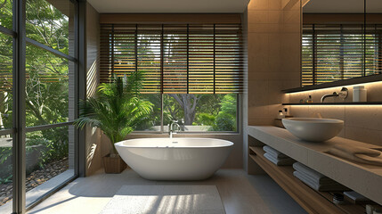 Wall Mural - A bright and airy bathroom with free-standing bathtub, set against backdrop of wood accents on walls and lush greenery