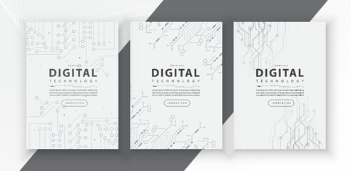 Poster brochure cover banner presentation layout template, technology digital futuristic internet network connection white background, abstract cyber future tech communication, Ai big data science 3d